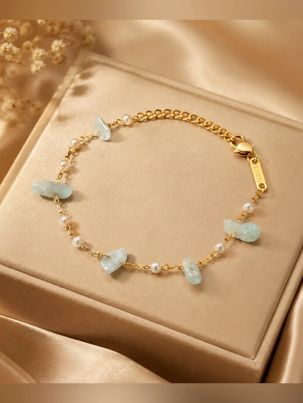 Gold Chain Bracelet with Aquamarine Chips and Pearl Accents